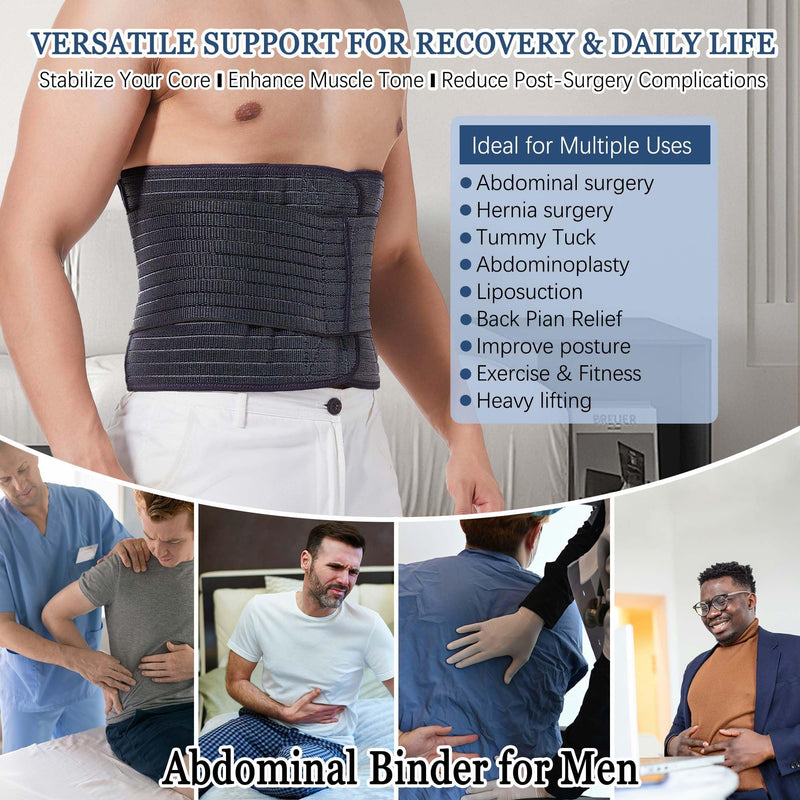 Reian Abdominal Binder for Men – Post-Surgery Support and Core Stability, Adjustable Compression Wrap (Black, Large) Black