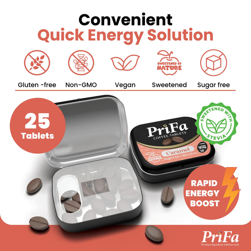 [Australia] - PriFa Caramel Coffee Tablets ‚Äì Sweetened with Stevia, Rich & Buttery Flavor, Instant Coffee On-The-Go, Portable Caffeine Boost ‚Äì 15mg Caffeine, 25 Tablets 