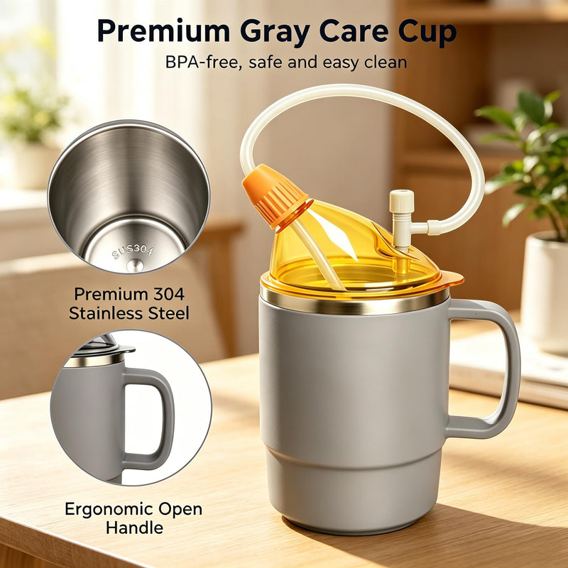 4 in 1 Sippy Cup for Adults, 500ml Adult Sippy Cups for The Elderly Non Spill, Anti Choke Spill Proof Cups with Lid, Long Straw, Sip Spout, & Straw Brush, Beakers for Seniors, Disabled, Dysphagia-Grey