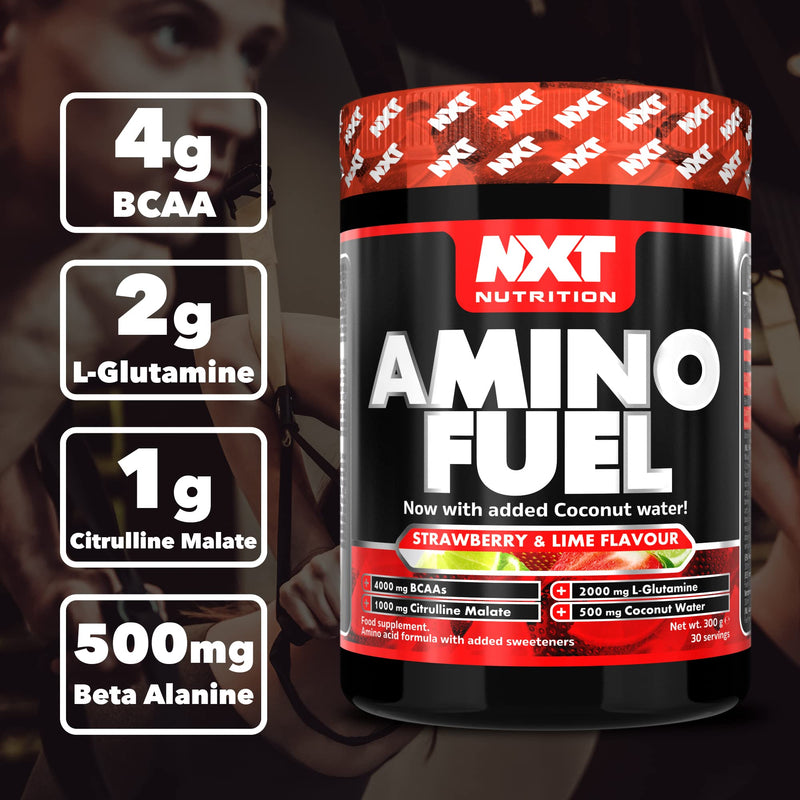 NXT Nutrition Amino Fuel Energy Drink | BCAAs Amino Acids with Beta Alanine, Vitamin D3 and Citrulline Malate – for Performance, Endurance and Energy Support | (Strawberry Lime)