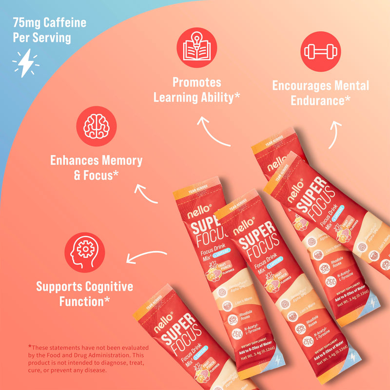 [Australia] - SuperFocus Fruit Punch with Caffeine‚Äì Nootropic Focus Drink Mix, 20 On-The-Go Packets, Alpha GPC, Lion‚Äôs Mane, Rhodiola, Sugar-Free 20 Servings (Caffeine) 