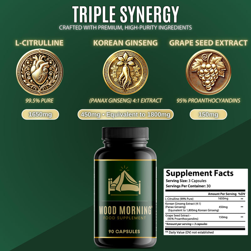 99% Pure L Citrulline with Korean Panax Ginseng & Grape Seed Extract | Male Enhancing Supplement | High Strength Triple Action Men's Performance Booster (90 Capsules, 30-Day Supply)