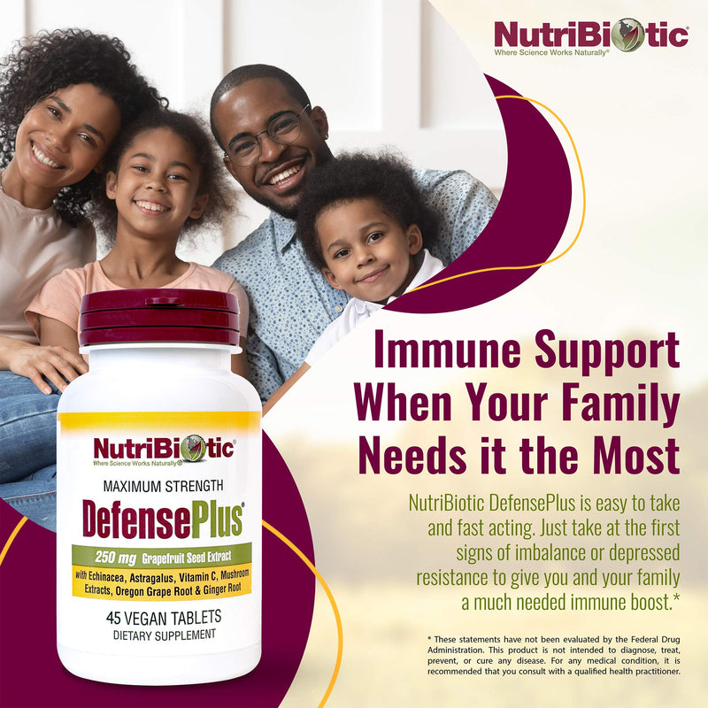 NutriBiotic – DefensePlus, 45 Tablets | 11 in 1 Immune Support with Vitamin C, Zinc, Grapefruit Seed Extract, Echinacea, Astragalus Root & Immune Boosting Extracts & Mushrooms | Vegan & Gluten Free