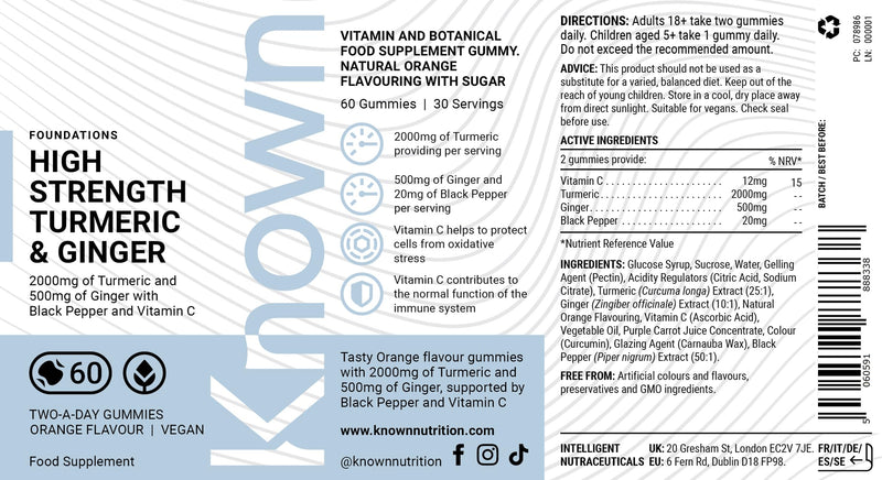 Known High Strength 2000mg Turmeric & Ginger Gummies – Orange Flavour – with Vitamin C & Black Pepper – Vegan Gummy Supplement – Joint, Muscle & Immune Support – 1 Month Supply – for Men & Women
