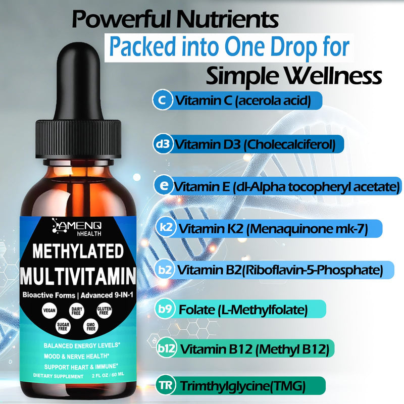 Methylated Multivitamin for Men Women & Kid, Advanced 8-in-1 Methylated B Complex w. VIT C D B12 Folate & TMG for MTHFR Energy Brain, Daily Methylated Vitamin Liquid Drop 6X Stronger Than Pill Capsule