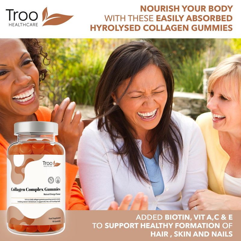 Troo Health Care Collagen Complex - 90 Natural Orange Gummies - One Per Day Hydrolysed Collagen with Biotin, Vitamin C & Selenium - Three Months Supply – Healthy Skin & Hair for Men & Women 90 count (Pack of 1)