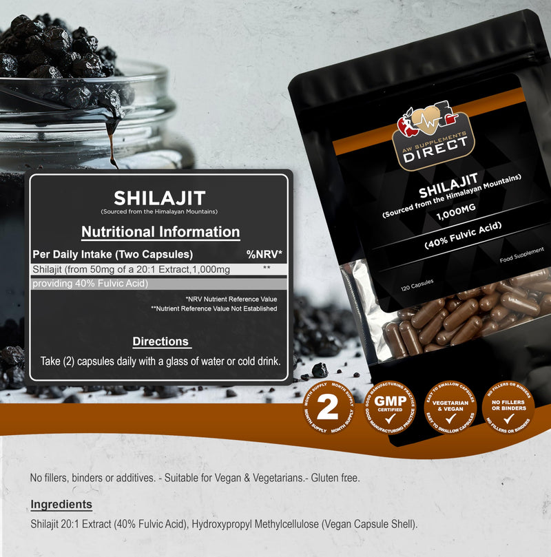 AW Shilajit Capsules | 120 High Strength Himalayan Shilajit Extract Supplements - 1000mg per Serving | Non-GMO & Gluten Free | Made in The UK
