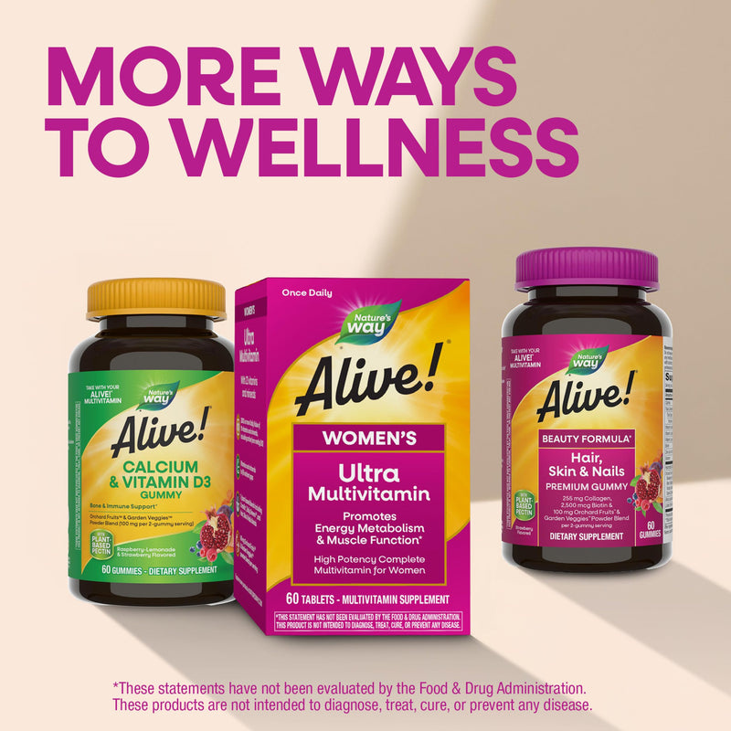 Nature's Way Alive! Women's Ultra Multivitamin, High Potency, 60 ct | Complete Daily Women's Vitamins, Promotes Energy Metabolism and Muscle Function*, Vitamin A, C, D, Methylated B12 60 Count (Pack of 1)