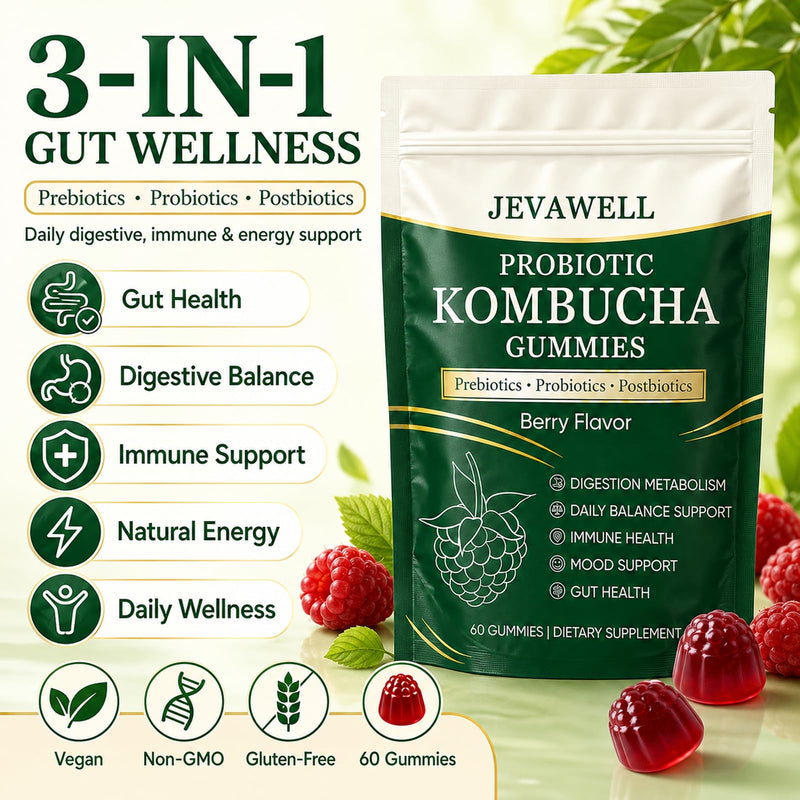 Jevawell Kombucha Gummies, Probiotic Digestive Health Supplement with, Organic Prebiotics, for Gut Health, Immune Boost, and Natural Energy – Vegan, Non-GMO, Gluten-Free, 60 Gummies 1 Ounce (Pack of 1)