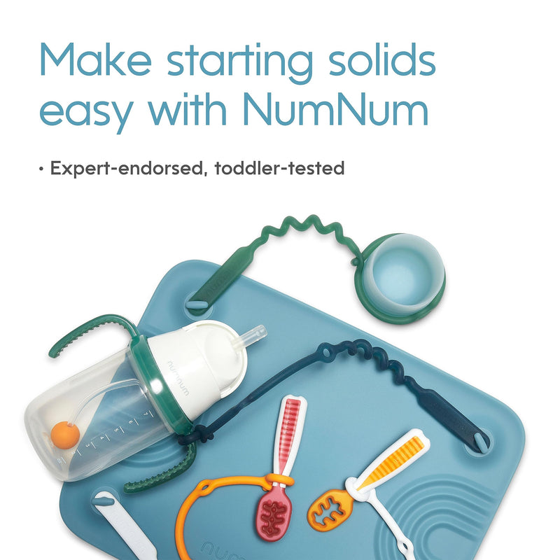 [Australia] - NumNum Silicone Placemat w/Pincer Grasp Grooves for Toddlers, Baby, & Kids - 4 Attachable Tethers & Built-in Suction Cups - Easy to Clean - Non-Slip for High Top & Dining Table w/Travel Bag - Blue 