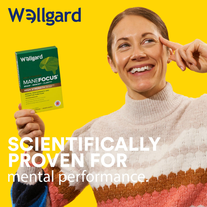 Wellgard Manefocus - Lions Mane Supplement Capsules for Mental Performance, Brain Health, Memory, Clarity, 60 Capsules