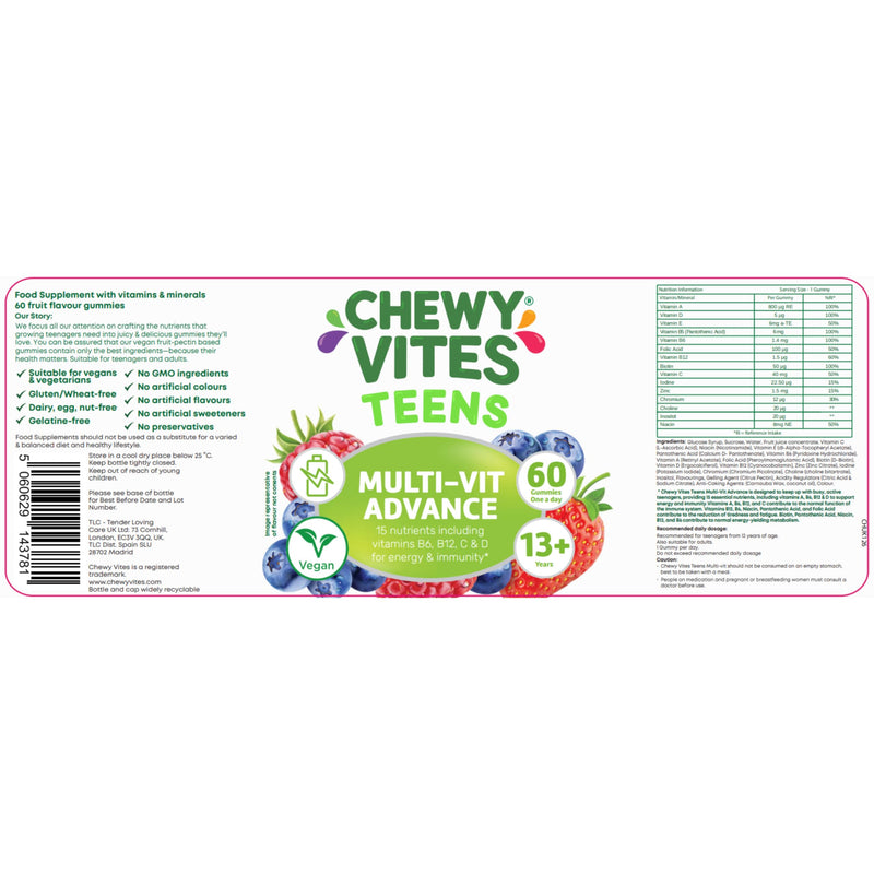 Chewy Vites Teens Multi-VIT Advance, 60 Vitamin Gummies, Teen Vitamins Gummies with 15 Essential Nutrients, 2 Months Supply, Real Fruit Juice, Vegan, Berry Flavour, for Energy and Immunity