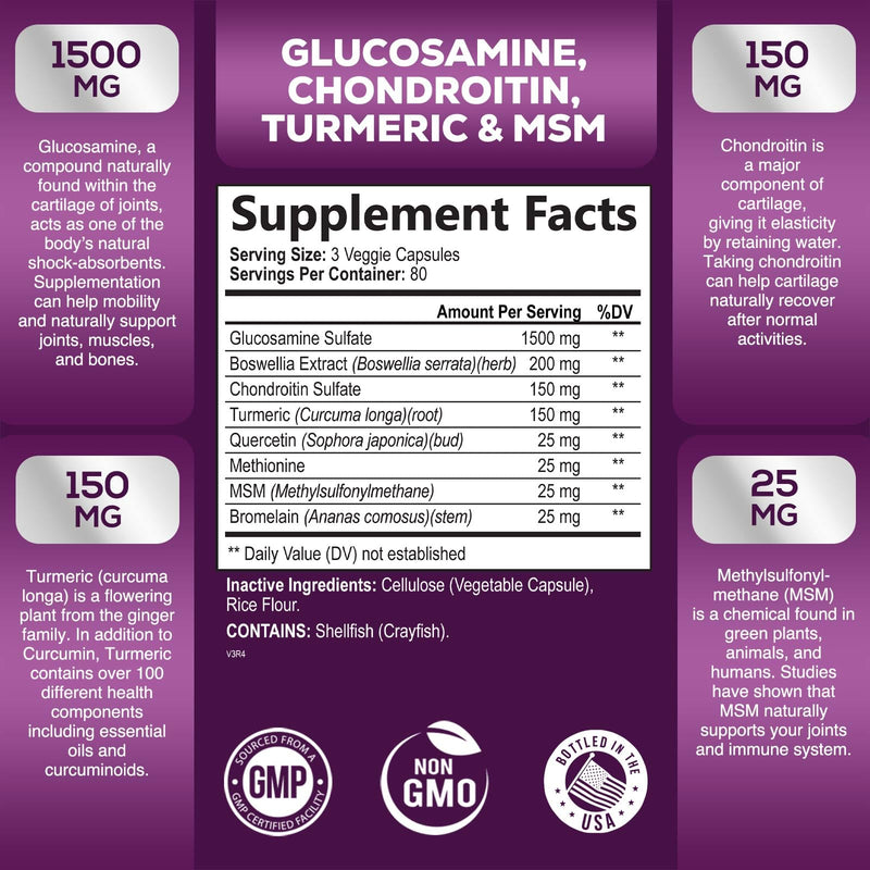 [Australia] - Glucosamine Chondroitin Supplements MSM Complex - Joint Support with Turmeric, Boswellia, Quercetin for Joints, Back, Hands, Bones, Knees & Mobility, Triple Strength Glucosamine Sulfate - 240 Capsules 240 Count (Pack of 1) 