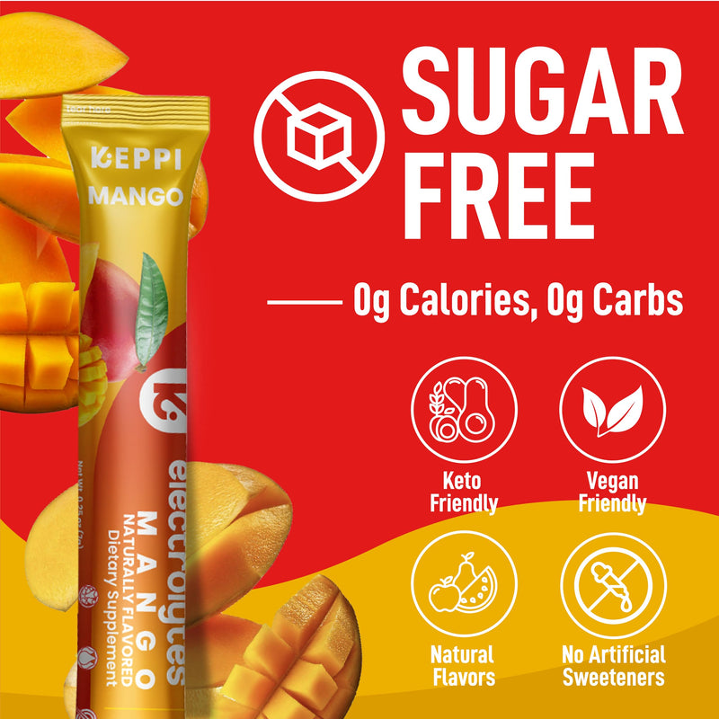 Keppi Electrolytes Powder Packets – Mango Flavor 30 Servings – No Sugar Hydration Supplement with Potassium, Magnesium, Sodium – Keto, Vegan, Fasting-Friendly, Zero Calorie Hydration Packets 30 Servings - Stick Packs