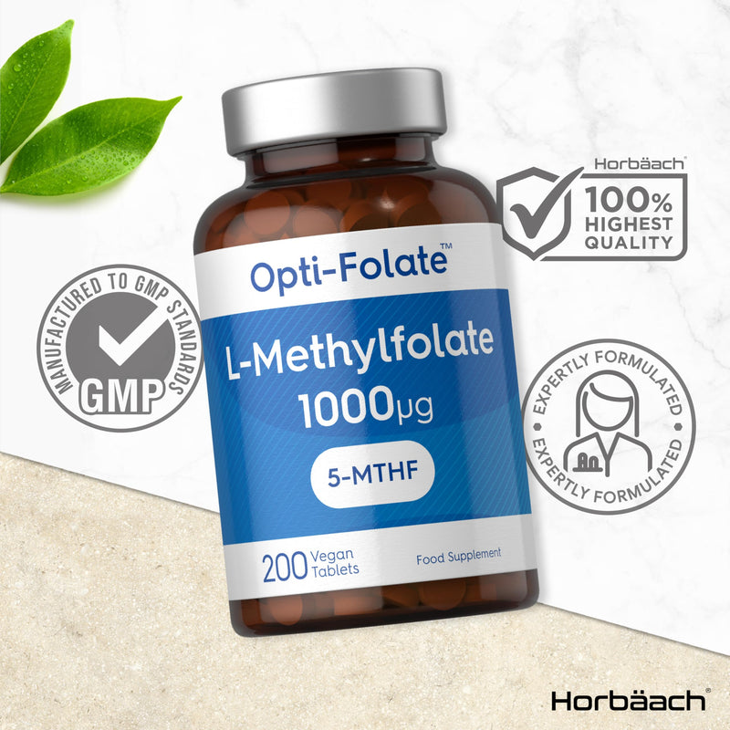 L-Methylfolate 5-MTHF 1000mcg | 200 Vegan Tablets (6+ Months Supply) | Active Form of Folic Acid | by Opti-Folate