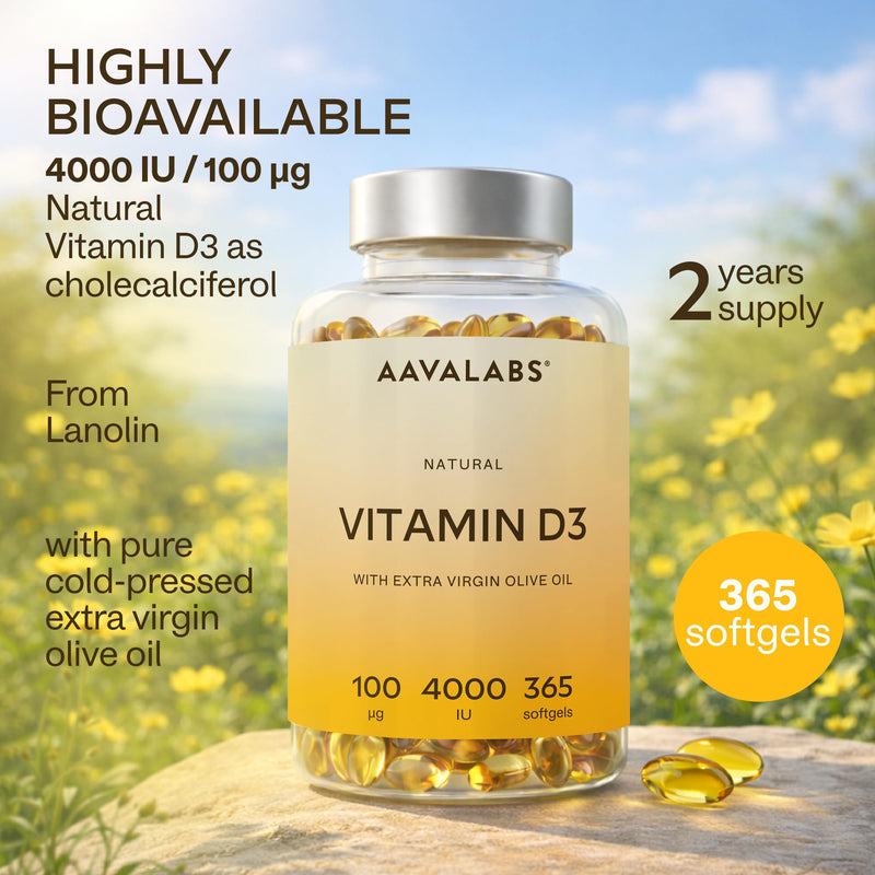 Vitamin D3 4000 IU - with Extra Virgin Olive Oil for Optimum Absorption - High Strength Vitamin D Supplement Contributes to Bone, Muscle and Immune Function - 365 Vitamin D Capsules