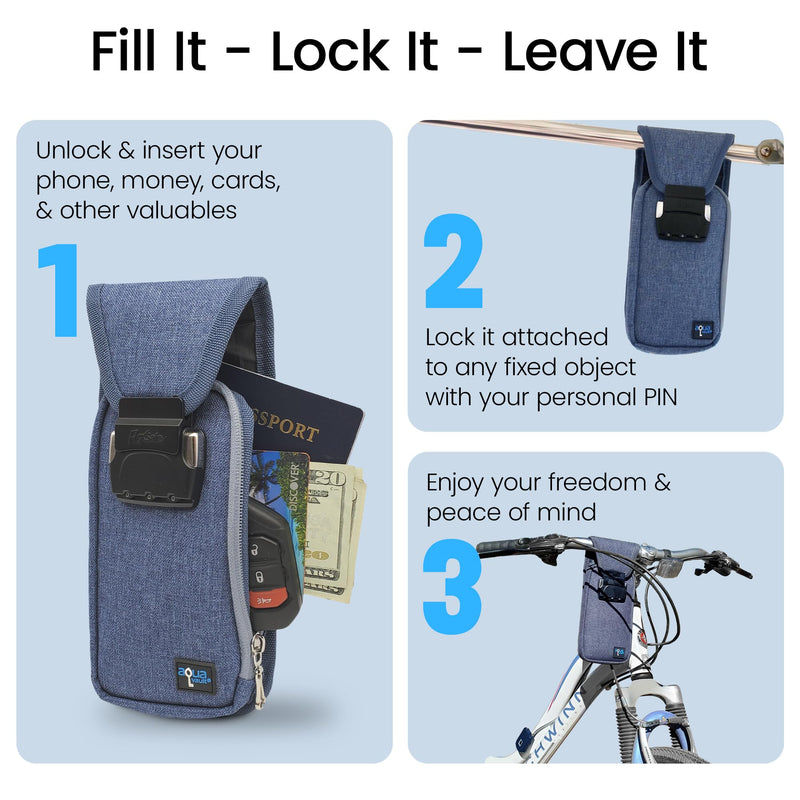 Mini Portable Travel Safe Anti-Theft Lock Box Beach Pool Hotel Gym | Blue mini safe in cut-resistant nylon. Water-resistant with RFID blocking. For phones and valuables at the beach or hotel.