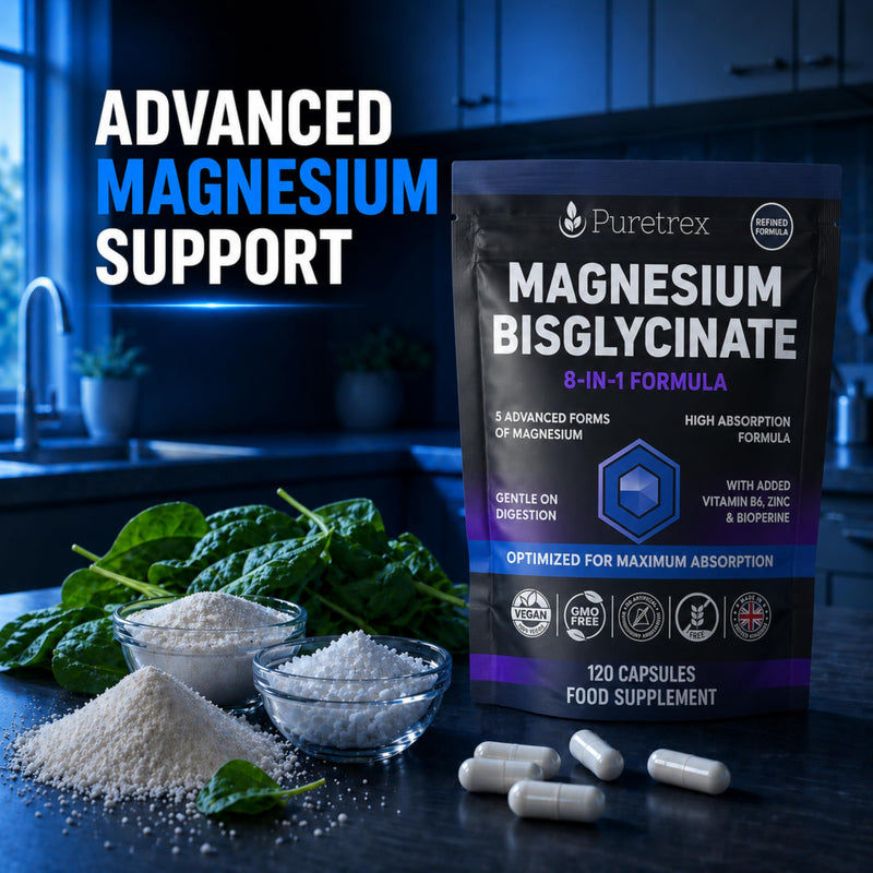 Puretrex Magnesium Glycinate 8 in 1 Complex, High Absorption Magnesium Capsules for Muscle & Relaxation Support, 5 Advanced Forms with Bisglycinate, Vegan, Non GMO, Made in UK, 120 Capsules