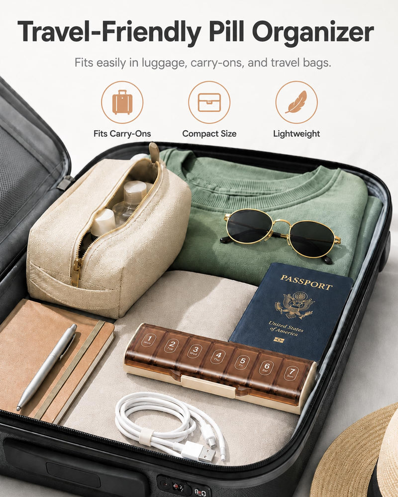 7 Day Pill Organizer, Travel Weekly Pill Box, 7 Removable Daily Cases | Travel-ready vitamin organizer with Easy Open access, BPA-Free, large capacity, Triple Moisture Protection, Brown White.