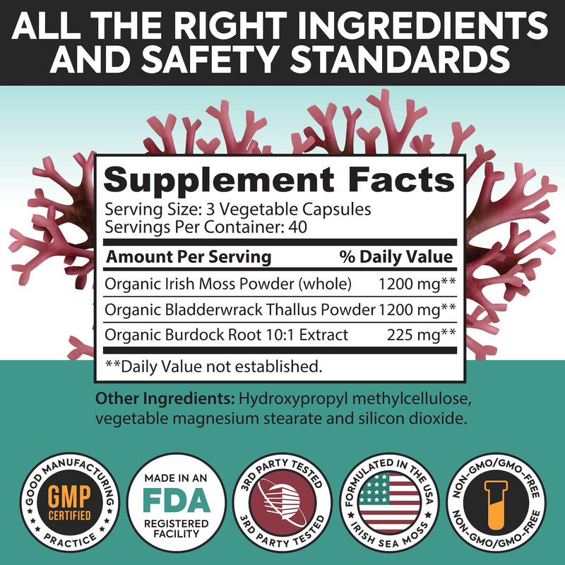 Irish Sea Moss Capsules 120 Count - Bladderwrack & Burdock Root | Dr Martins Sea Moss Supplement 2625mg, 92 Vitamins & Minerals, Immune, Gut, Thyroid & Energy Support Superfood