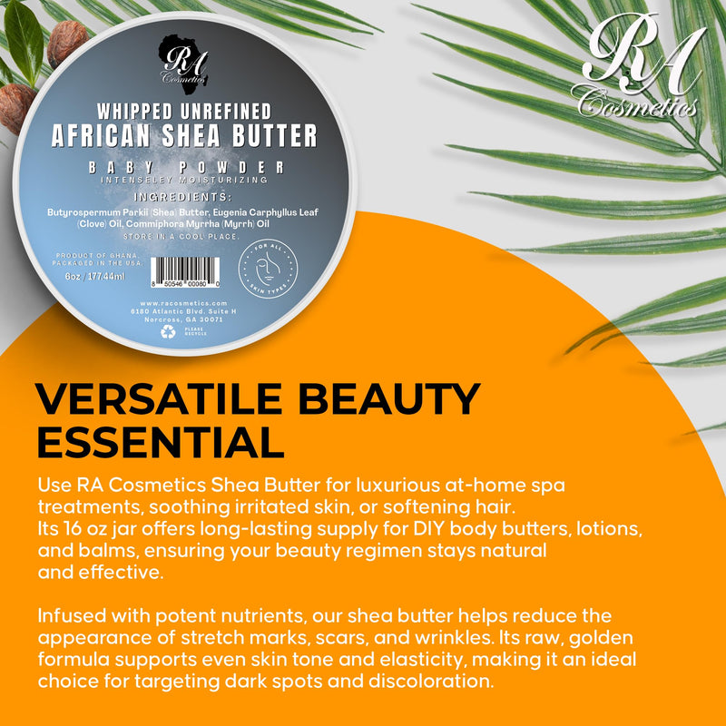 RA Cosmetics Whipped Shea Butter Baby Powder - 6oz | 100% Pure & Natural African Shea Butter for Men & Women - Ultimate Handcrafted Moisturizer with Essential Vitamins for Radiant Skin & Luscious Hair 6 Ounce (Pack of 1)