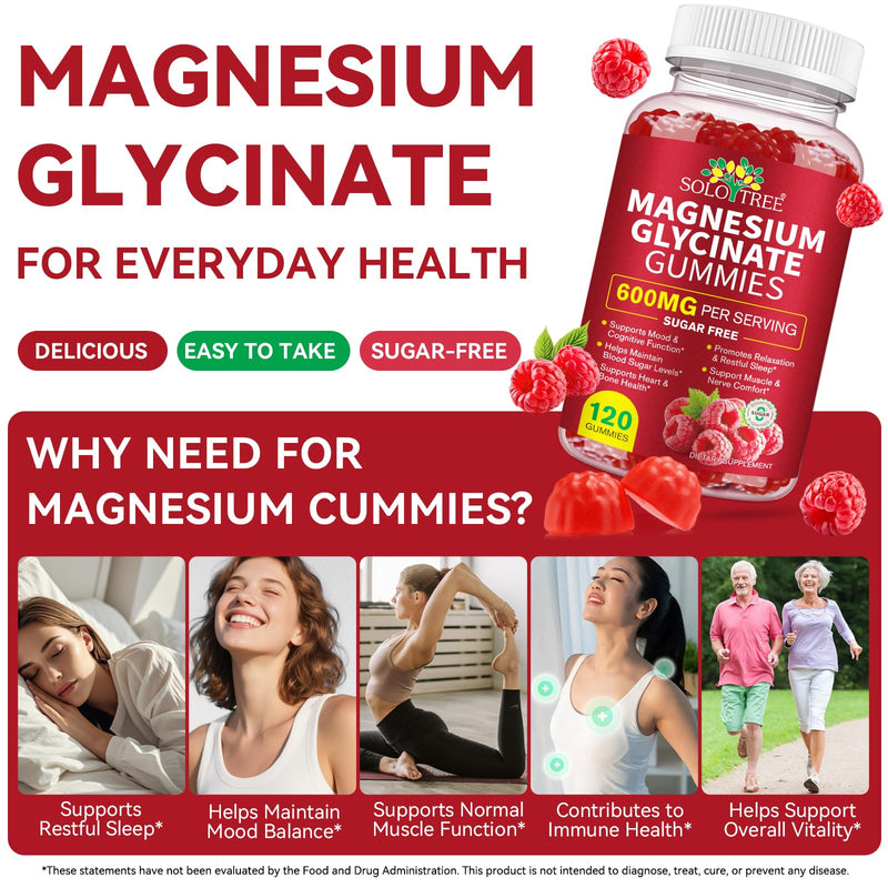 Magnesium Glycinate Gummies 600mg – Sugar-Free High Absorption, Supports Relaxation, Calm & Restful Sleep, with Vitamin B6 & D3 – 120 Berry-Flavor Gummies