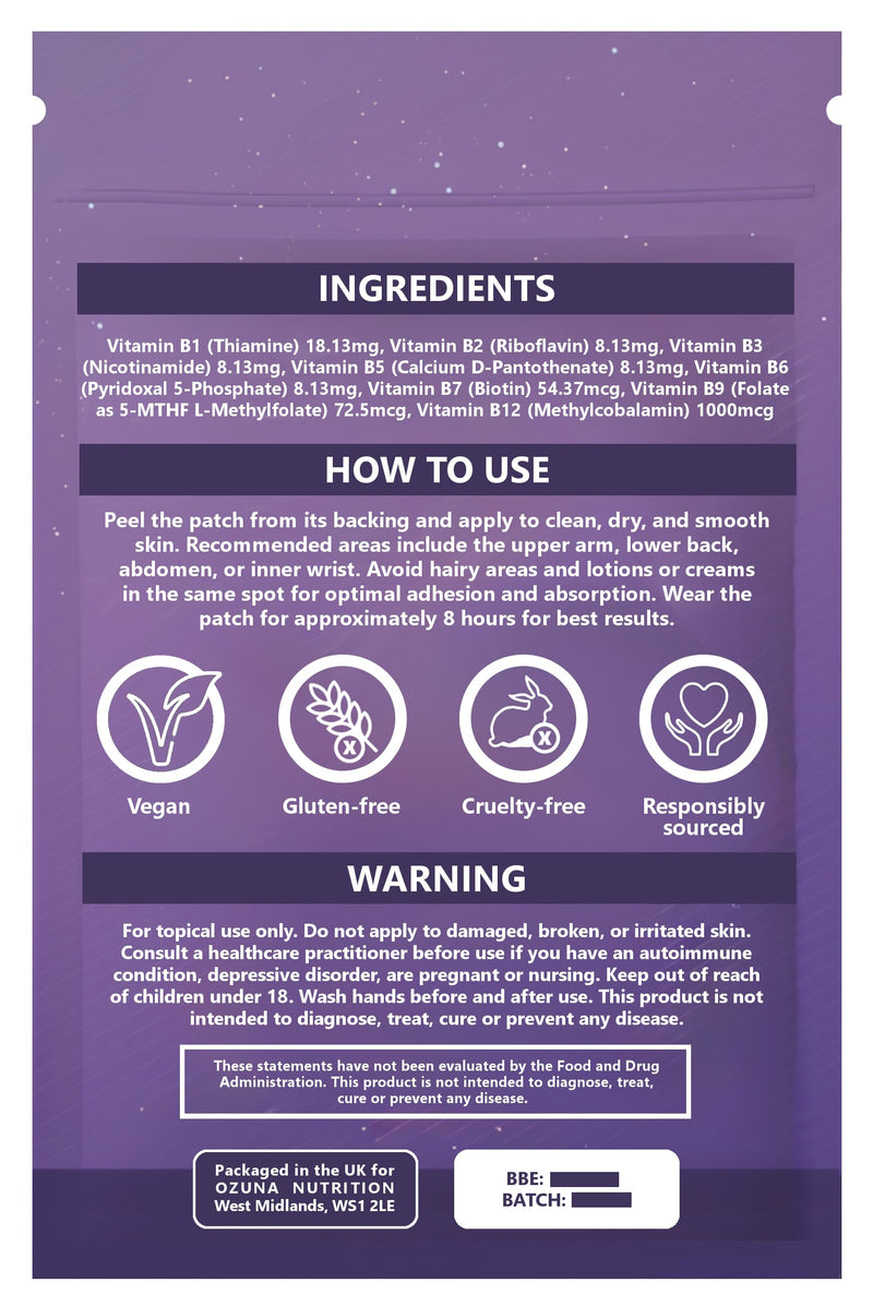 Energy Support Patches | with B-Complex Vitamins B1, B2, B3, B5, B6, B7, B9 & B12 | Vegan, Waterproof | Daytime Energy & Vitality Patch, Pill-Free, Caffeine-Free Supplement | 30 Patches
