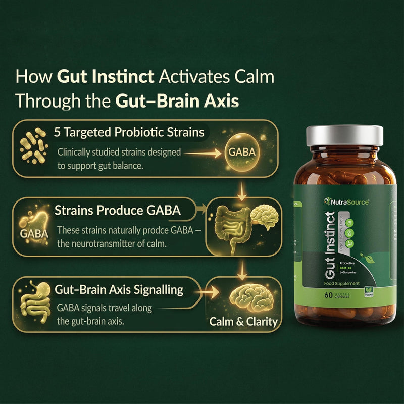 Gut Instinct GABA Probiotic for Stress, Mood & Gut Health | Gut-Brain Axis Complex with KSM-66 Ashwagandha, L-Glutamine & Calcium | High Strength Vegan Capsules, UK Made, 60 Count