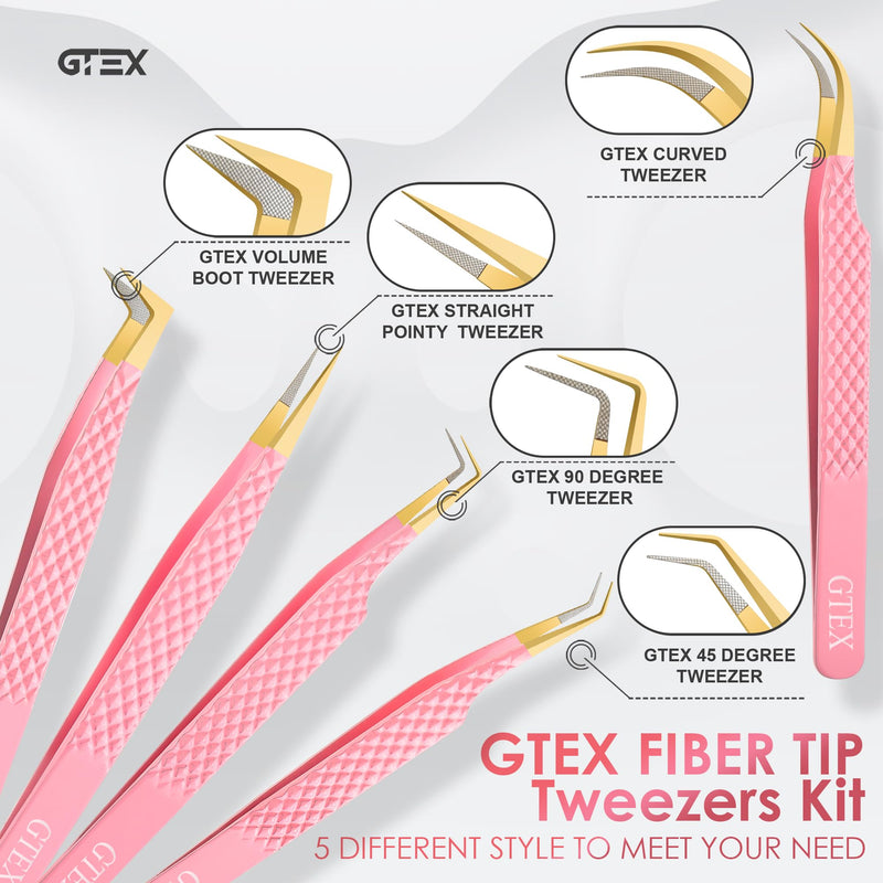 GTEX Fiber Tip Lash Tweezers For Eyelash Extension Set of 5, Professional Eyelash Tweezers For Lash Extensions - 90 45 Degree Curved Volume Tweezer Pink