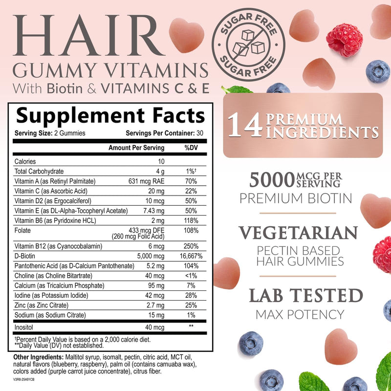 Hair Vitamins Gummies - Sugar Free Hair Growth Support Gummy with Biotin 5000 mcg Per Serving, Vitamin A, B12, C, D, E, Folic Acid - Supports Strong Beautiful Hair and Nails, Vegetarian - 60 Gummies 60 Count (Pack of 1)