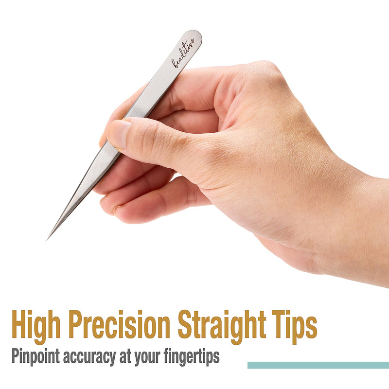 Beaditive High Precision Tweezers 3 Pack - 4.7" Craft Tweezers for Sewing, Beading & DIY Crafts - Non-Serrated Jewelry Tweezer Set with Fine Point Tips - Stainless Steel Needle Nose Hobby Tweezers