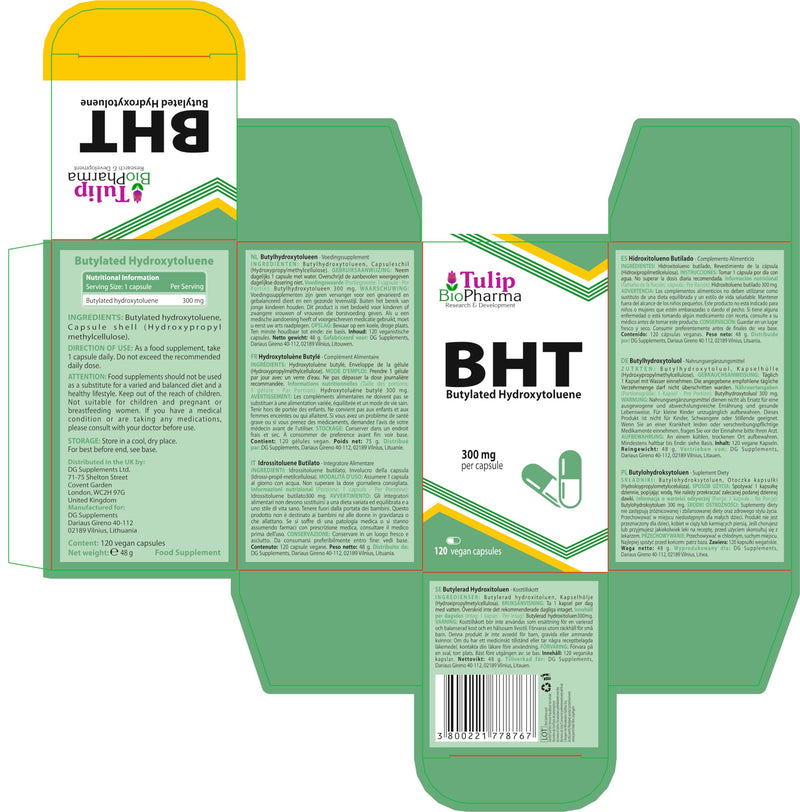 BHT (Butylated HydroxyToluene) 300mg 120 Vegan Capsules, Anti Aging & Antioxidant, Immune System Booster, 3rd Party Lab Tested, High Strength Supplement