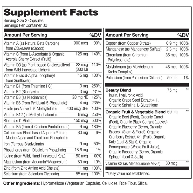 NATURELO Whole Food Multivitamin with Extra Hair, Skin and Nails Support - Beauty Blend with Hyaluronic Acid & Grape Seed - High Potency Biotin, Vitamin C, and Glutathione - 60 Vegan Capsules Unflavored 60 Count (Pack of 1)