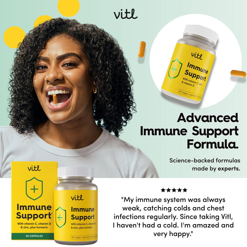 Vitl Immune Support Supplement - 30 Vegan Capsules - with Vitamin D, Vitamin C, Folate, Zinc, Turmeric & Elderberry Extracts - 1 Month Supply 30 count (Pack of 1)
