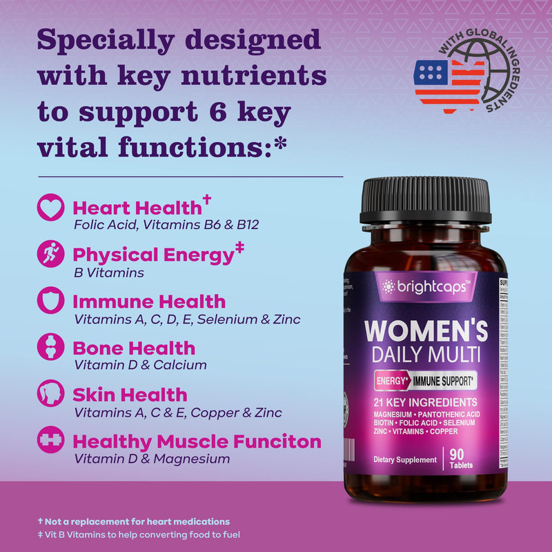 Women's Multivitamins and Minerals Enhanced with Folic Acid, Biotin, Pantothenic Acid, Zinc, Vitamin B12, Selenium - 21 Key Essential Ingredients Immune System & Health Support | 90 Tablets