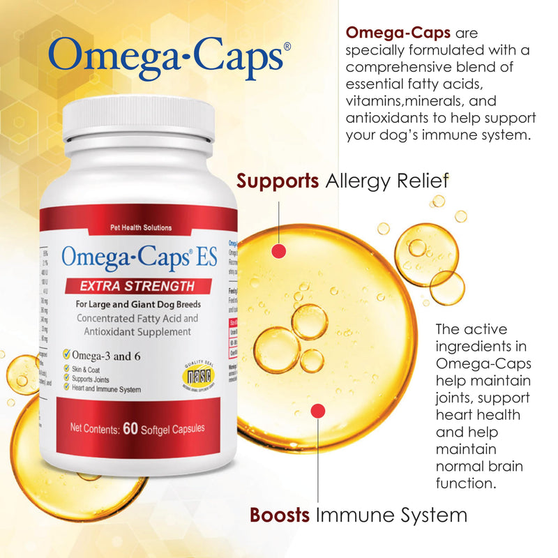 Omega-Caps Extra Strength for Large Breeds-Vet Formulated for Healthy Radiant Skin & Coat While Reducing Excess Shedding. Contains Omega 3 for Immune System Support, Easy to Dose, 60 Soft Gel Capsules 60 Caps - PawsPlanet Australia