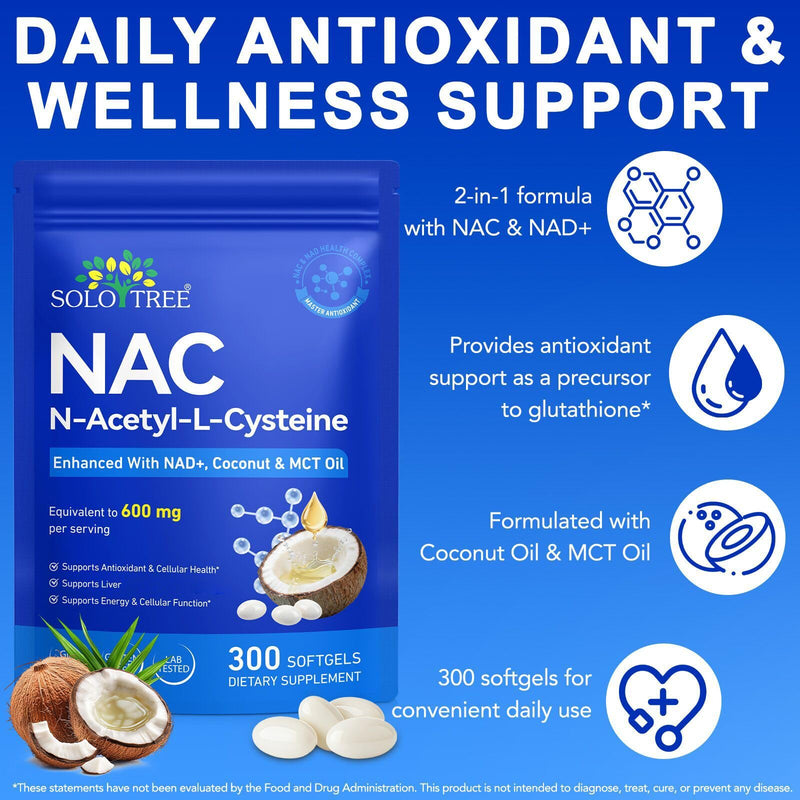 NAC N-Acetyl L-Cysteine 600 mg Equivalent with NAD+, Coconut & MCT Oil – Antioxidant & Cellular Energy Support – Glutathione Precursor Formula – Non-GMO, Gluten Free – 300 Softgels