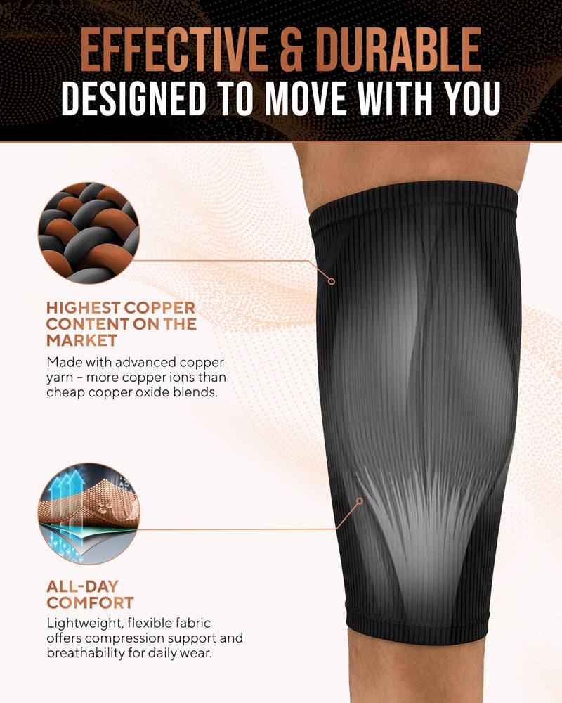 Copper Calf Compression Sleeve — Premium Copper Compression Shin Sleeve for Men & Women — Breathable & Non-Slip Leg Sleeves for Runners, Shin Splints, Muscle Recovery & Leg Fatigue Large