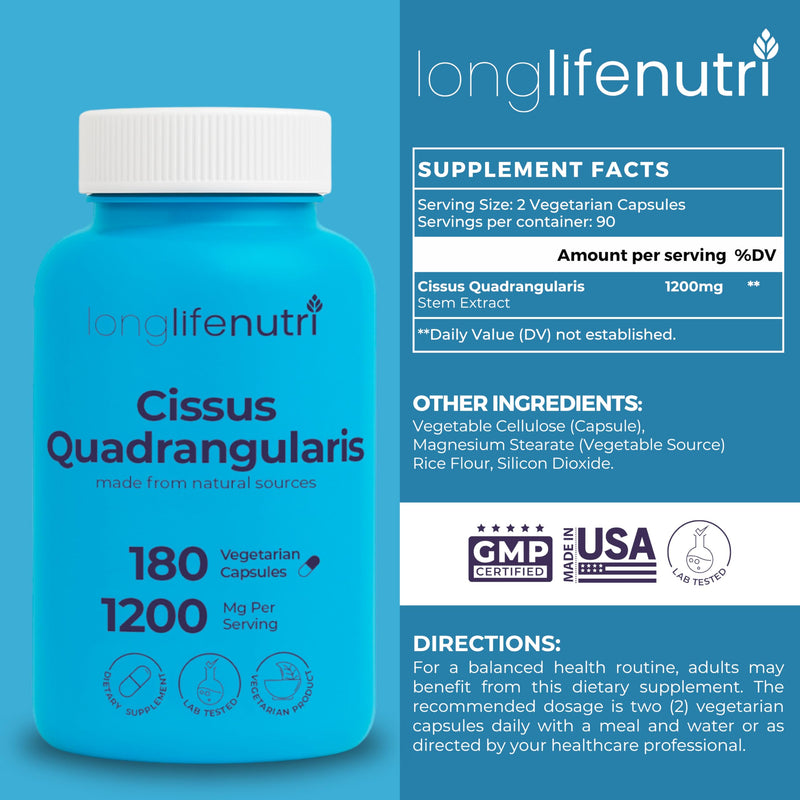 [Australia] - Cissus Quadrangularis 1200mg - 180 Vegetarian Capsules, Stem Extract for Joint Comfort, Bone Strength & Active Mobility, High Potency Formula, 3-Month Supply, GMP Certified, Made in USA 