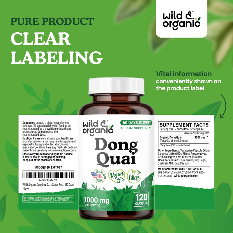 [Australia] - Wild & Organic Dong Quai Capsules for Women - 1000 mg per Serving - Pure Dong Quai Supplement - Angelica Root Herb - 60-Day Supply - Non-GMO, Vegan, Gluten-Free - 120 Count 