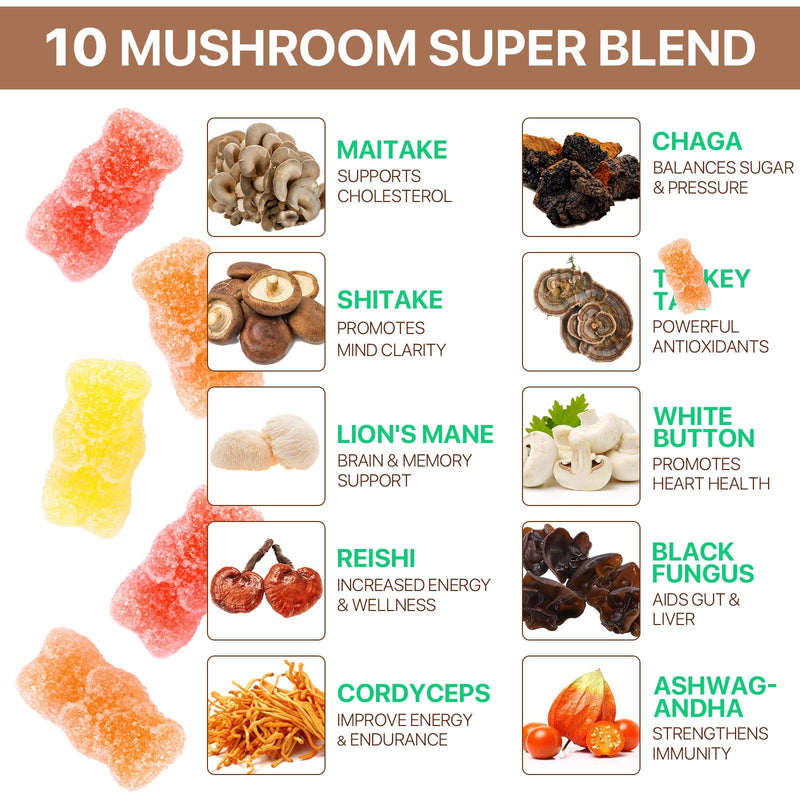 Mushroom Gummies, 80 Count Mushroom Supplement Gummies with Ashwagandha, Lion's Mane, Reishi & Chaga - All in One 2500mg Functional Mushrooms Support Immunity & Energy, Boost Vitality Overall Health