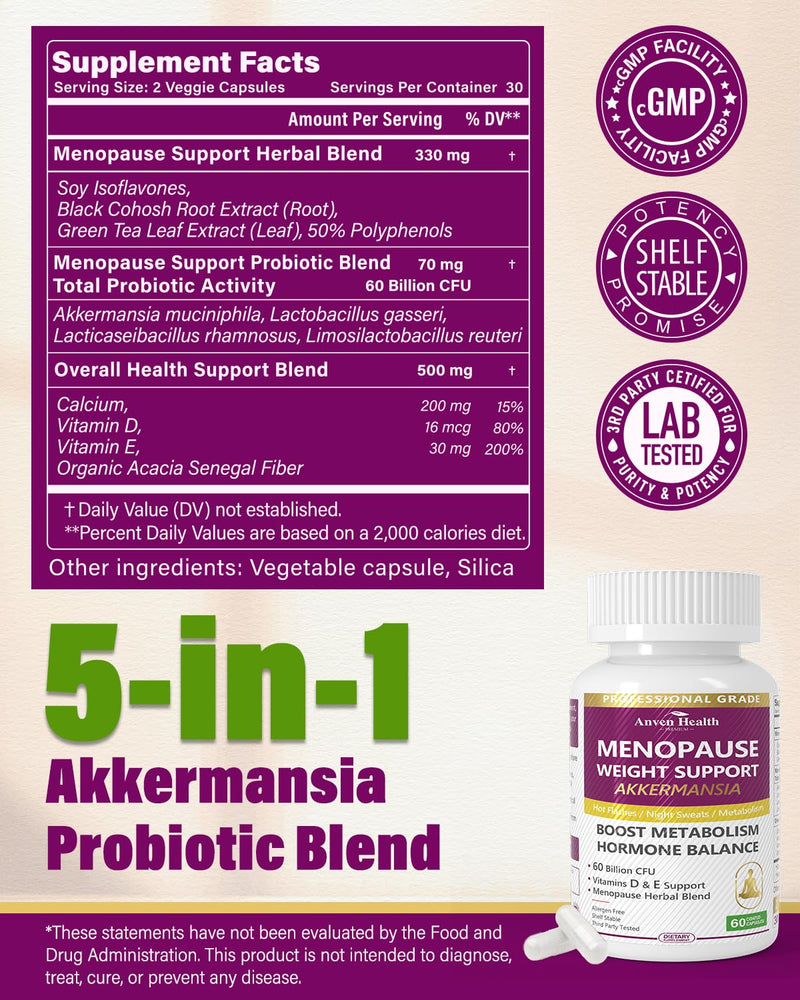 Menopause Relief Probiotics Akkermansia Hot Flashes 120 Caps | 60 Billion with Akkermansia Probiotic & Prebiotic, Vitamin D & E, Hormone Balance, Metabolism, Gut Health, Hot Flashes 60 Count (Pack of 2) Akk Menopause