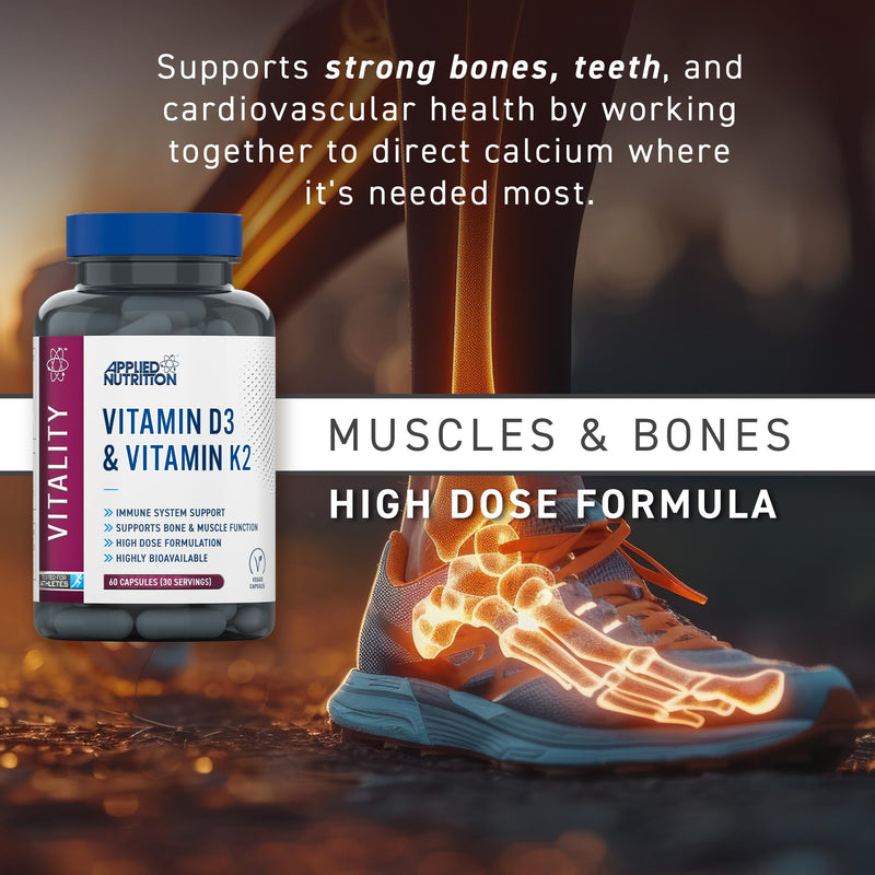 Applied Nutrition – Vitamin D3 & K2 – High Dose Formula – Best Immune Support – Best Bone & Muscle Function – Calcium Optimization & Highly Bioavailable (60 Capsules – 30 Servings)