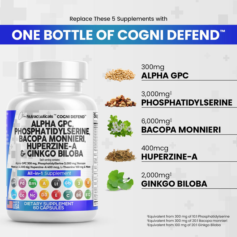 [Australia] - Clean Nutraceuticals Alpha GPC Choline 300mg Phosphatidylserine 3000mg Bacopa Monnieri 6000mg Ginkgo Biloba 2000mg Huperzine A 400mcg Supplement with Urdine Lions Mane Cats Claw NAC Vitamin C B D E 