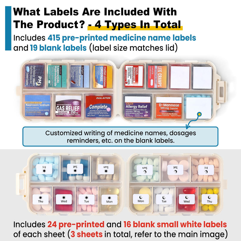 3 Pack 14 Grids Travel Pill Organizer Box with 415-Pcs Medicine Name Labels - Pocket Daily Pharmacy Case Container Kit - Travel Medication Holder Dispenser for Fish Oil Vitamin, Khaki+Pink+Sky Blue Khaki+pink+blue with Bulk Med Labels