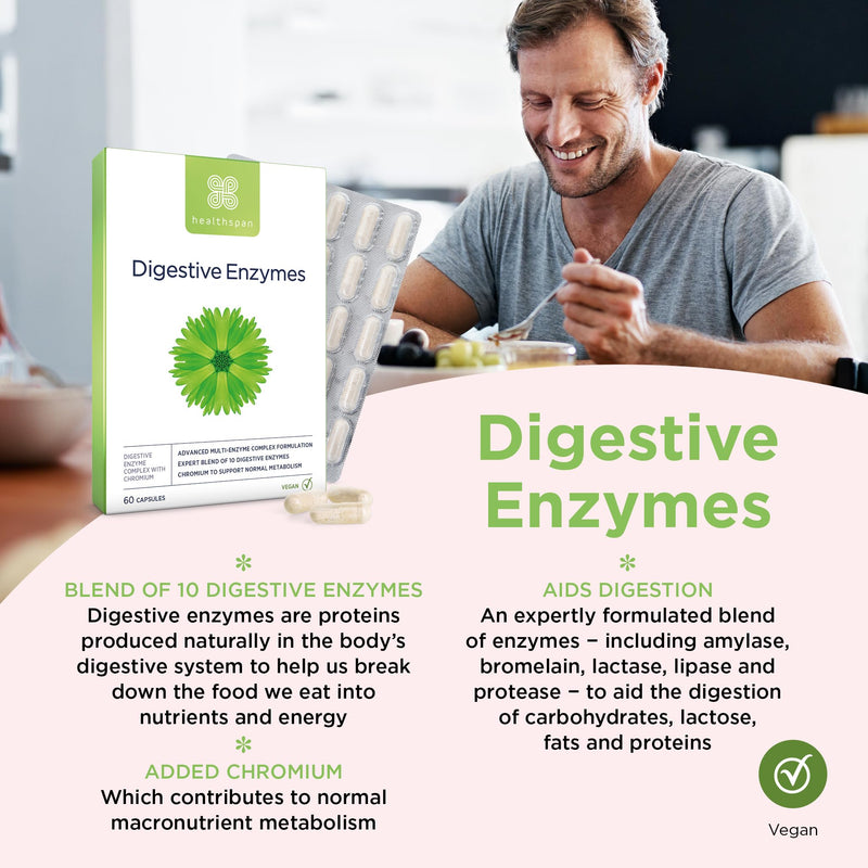 Healthspan Digestive Enzymes | 60 Capsules | Amylase | Lactase | Lipase | Protease | Added Chromium | Aids Digestion | Vegan