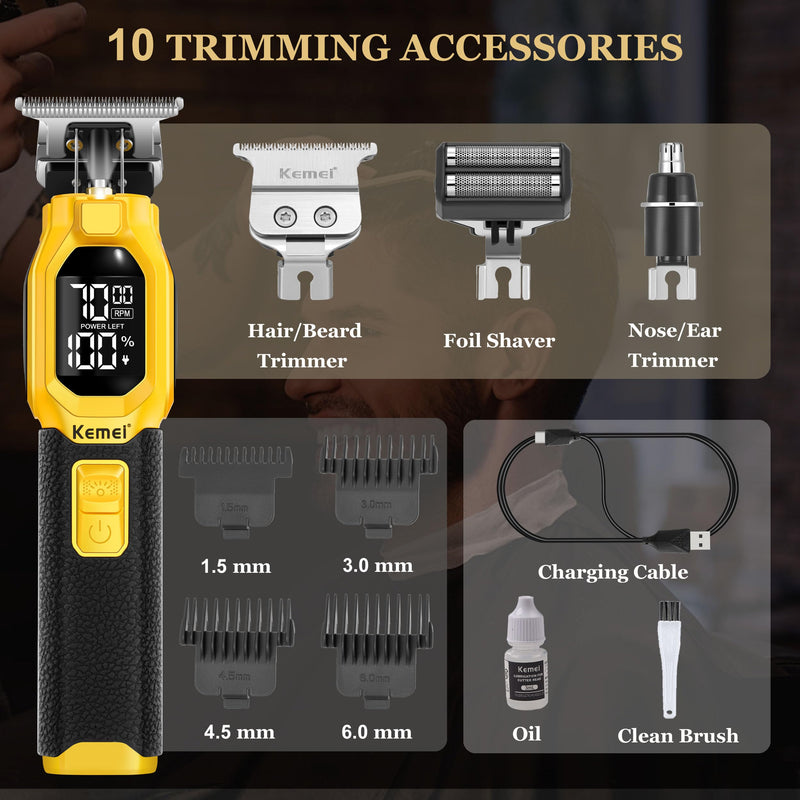 [Australia] - KEMEI 1878 Beard Trimmer for Men, 3 in 1 Hair Clippers, Shavers for Men, Cordless Nose Hair Trimmer with Removable Head, LED Display 