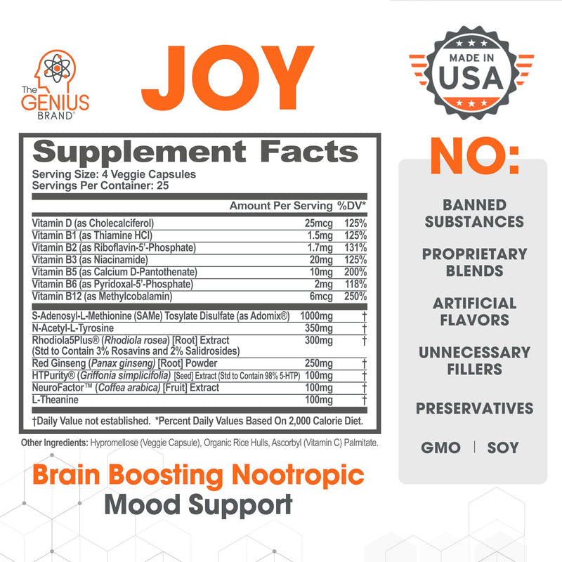 [Australia] - Genius Joy, Nootropic Mood Enhancer Supplement - Support Cognitive Health, Enhance Mood & Neural Function with Brain Boosting L-Theanine, Panax Ginseng & SAM-e - Organic, Non-GMO, & Gluten-Free 
