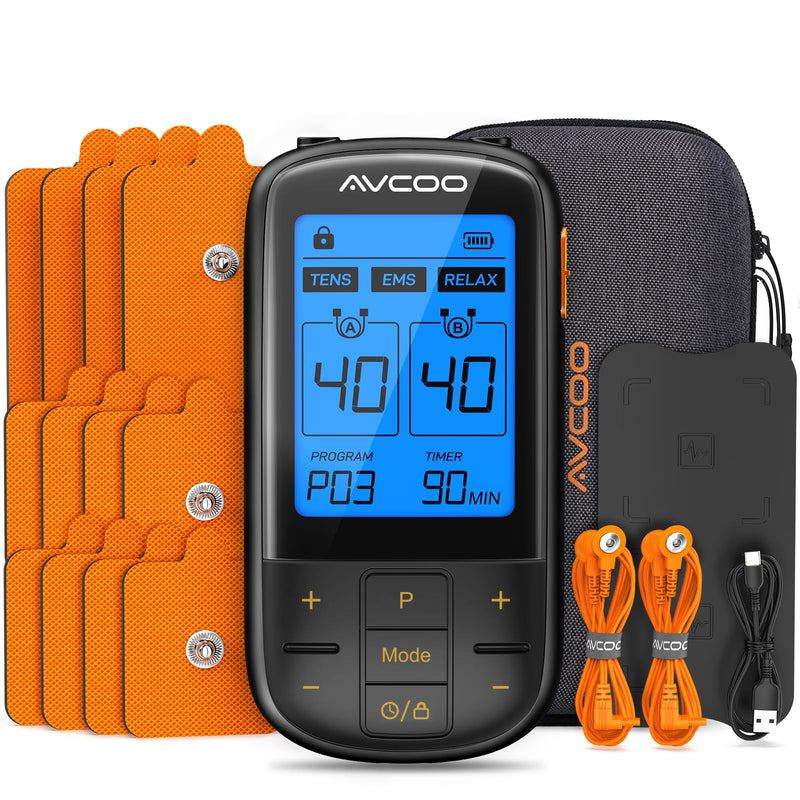 [Australia] - 3-in-1 TENS Unit with 32 Modes, Dual Channel EMS Muscle Stimulator with 40 Intensities for Gradual Pain Relief Therapy, Rechargeable Electronic Pulse Massager with 12 Electrode Pads, EVA Case 