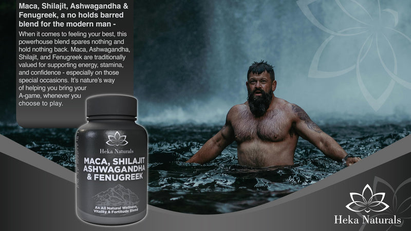 Heka Naturals Male Vitality Complex | 90 Capsules with Ashwagandha, Maca Root, Fenugreek & Shilajit, Botanical Extracts Traditionally Used to Support Wellbeing, Balance and Active Lifestyles